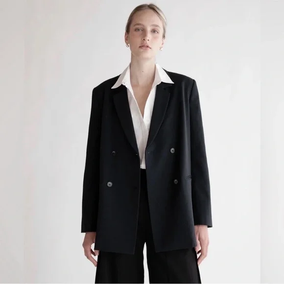 Oak + Fort Black Double-Breasted Women's Blazer Jacket - Picture 3 of 9